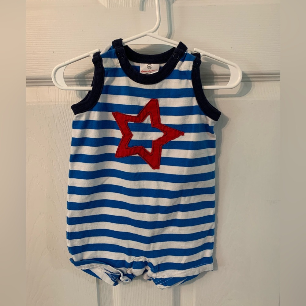 Hanna Andersson blue striped with red star summer snap onesie, 3-6 months, boys